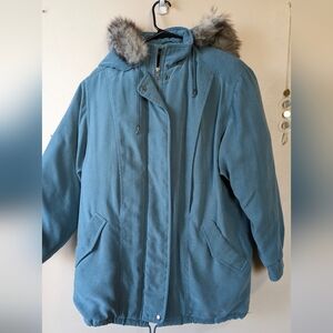 BROMLEY SPORT Real Down Coat, Fox Fur Trim, Teal, Womens M
